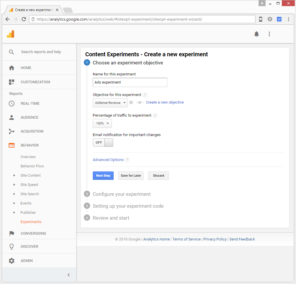 Google Analytics experiment step 1