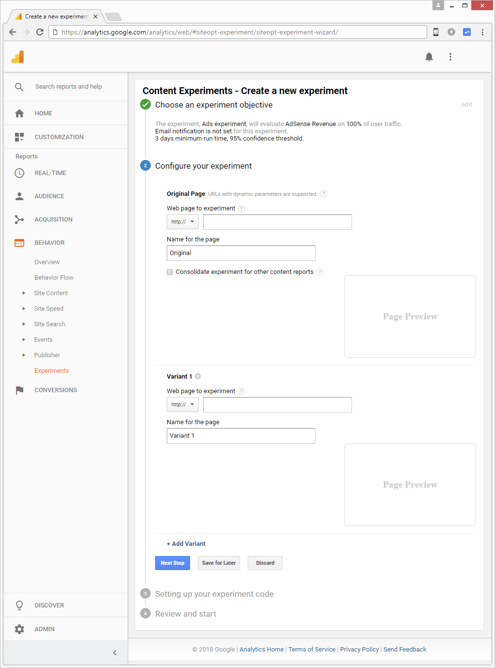 Google Analytics experiment step 2